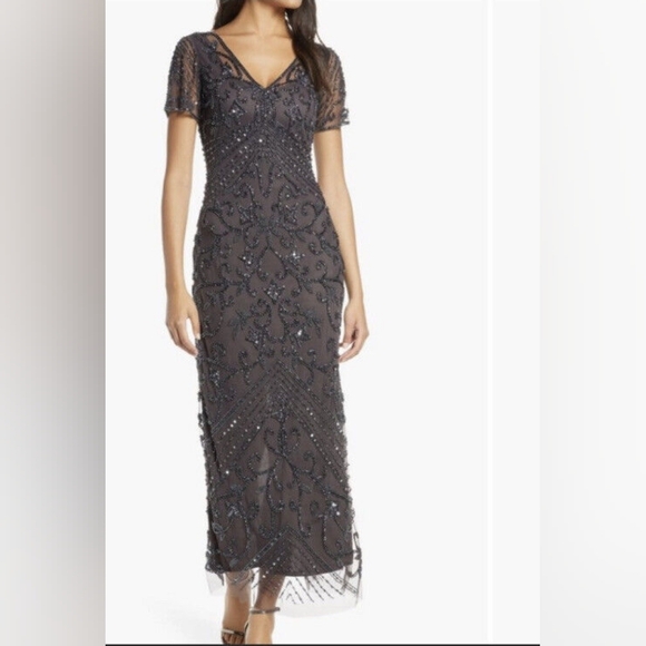 Elegant Gray Beaded Evening Dress - Picture 1 of 13